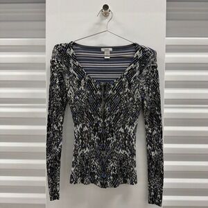 Cache Womens Y2K Snakeskin Striped Ribbed Knit Zip Up Cardigan Gray Blue Large